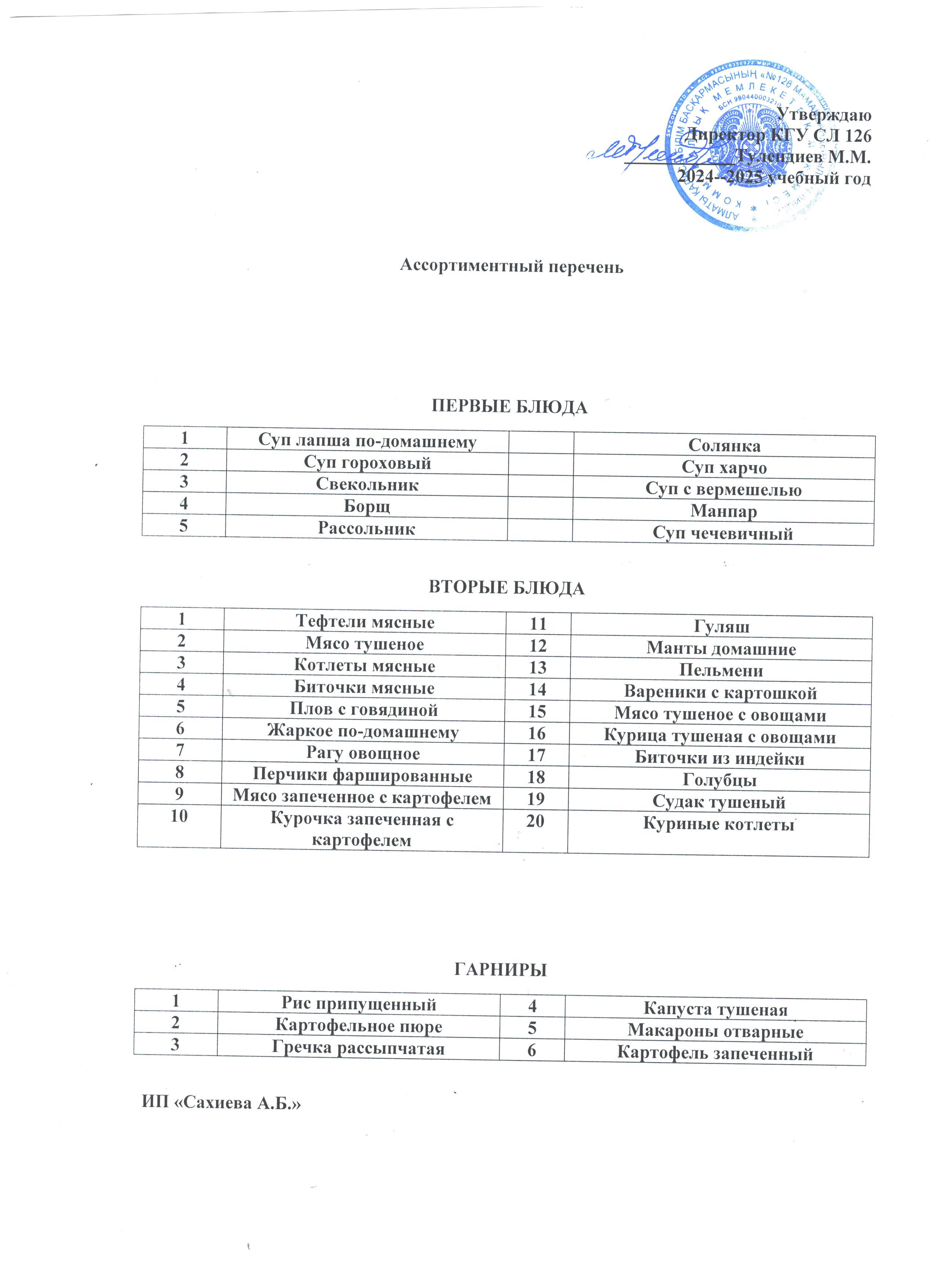 Лицей асханасының ассортименттік тізімі